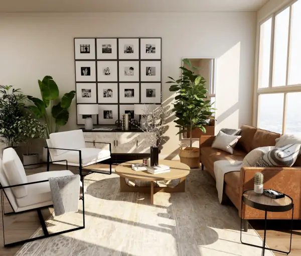 Salón reformado con materiales naturales